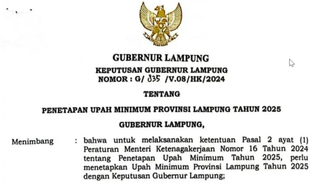 UMP Lampung 2025 Resmi Ditentukan Rp 2.893.070