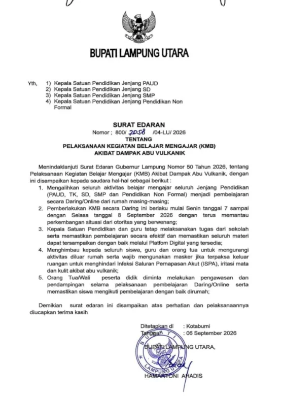 Dampak Abu Anak Krakatau, Sekolah di Lampung Utara Resmi Dialihkan ke Daring